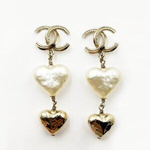Chanel Gold CC Faux Baroque Heart Pearl Heart Gold Dangling Piercing Earrings